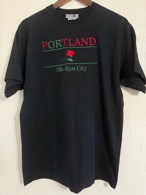 Vtg Sansegal Portland The Rose City Embroidered Black T Shirt Size Large
